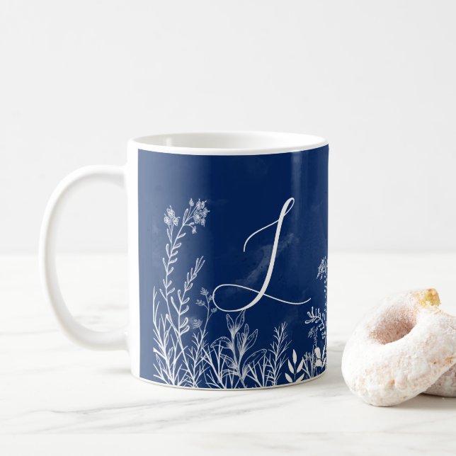Monogram White Wildflower Doodles Coffee Mug (With Donut)