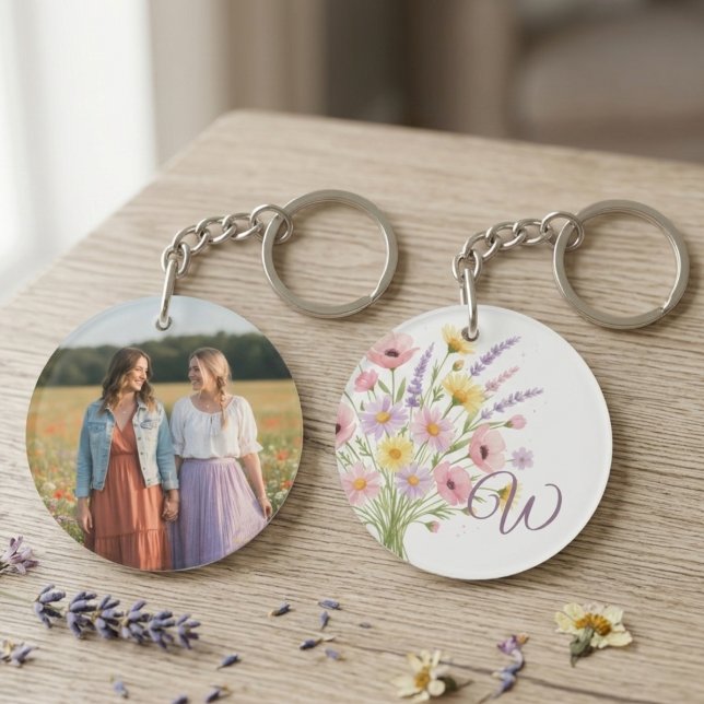 Monogram Wildflower Bouquet Photo Key Ring (A beautiful round photo keychain displaying photo on one side and a wildflowers and initial on other)