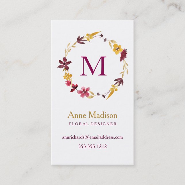 Monogram Wildflower Wreath Business Card (Front)