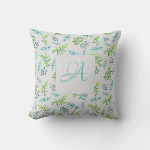 Monogram Wildflowers Blue Green Wedding Cushion