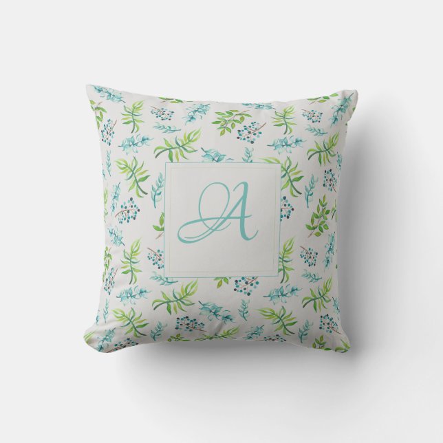Monogram Wildflowers Blue Green Wedding Cushion (Front)
