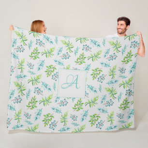 Monogram Wildflowers Blue Green Wedding Decor Fleece Blanket