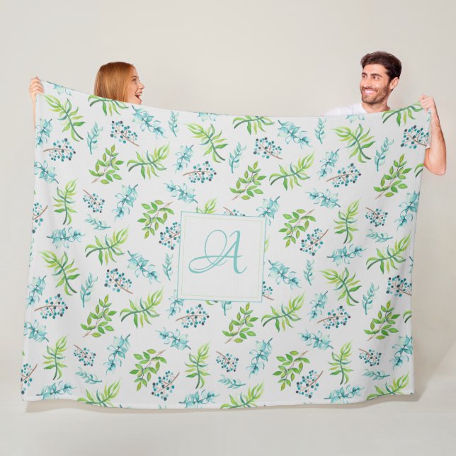 Monogram Wildflowers Blue Green Wedding Decor Fleece Blanket (In Situ)