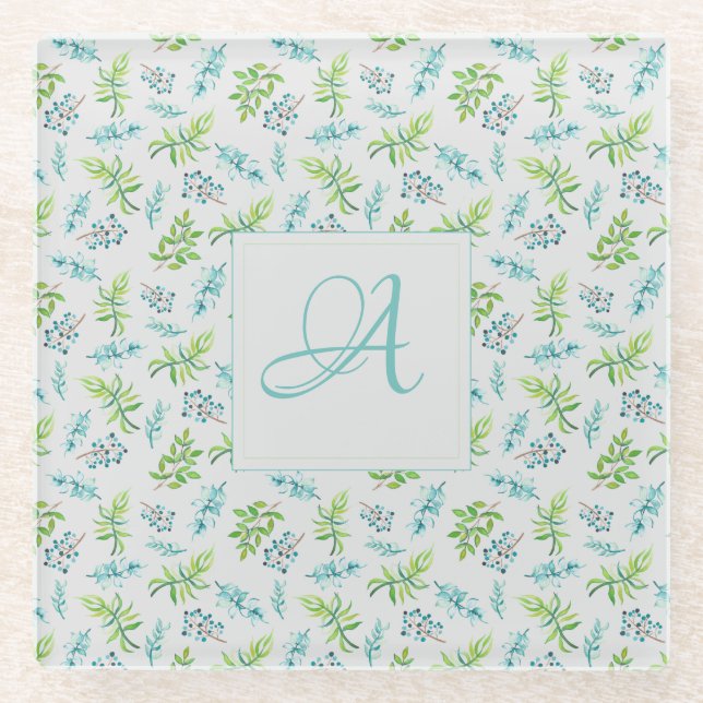 Monogram Wildflowers Blue Green Wedding Decor Glass Coaster (Front)