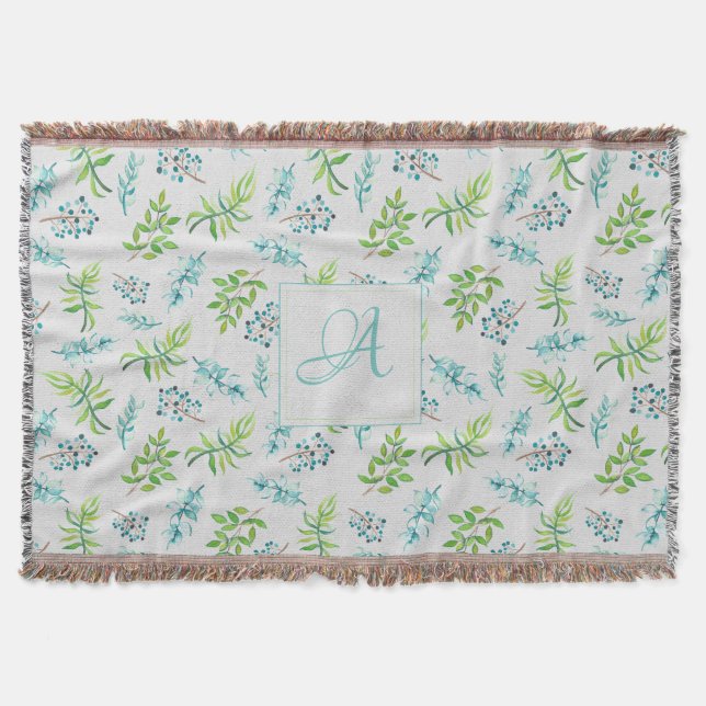 Monogram Wildflowers Blue Green Wedding Decor Throw Blanket (Front)