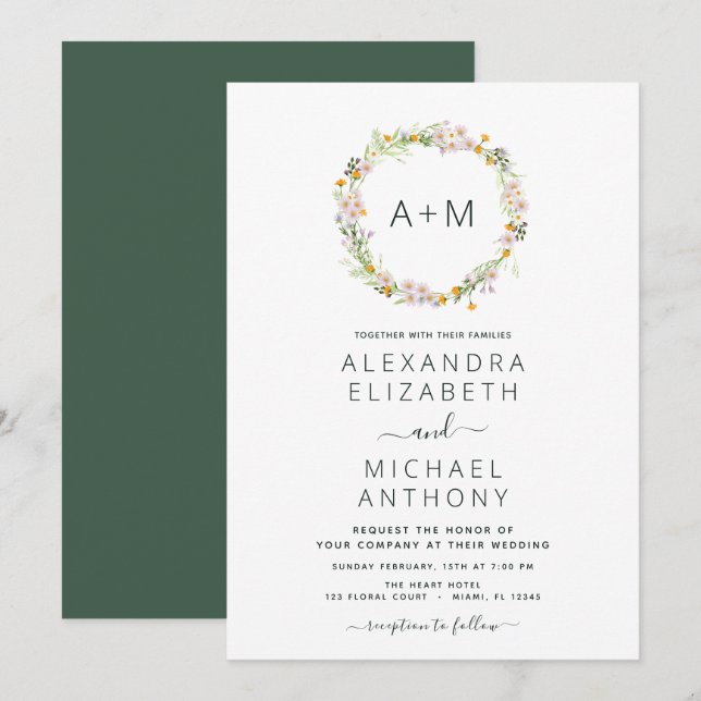 Monogram Wildflowers Emerald Green Wedding Invitation (Front/Back)