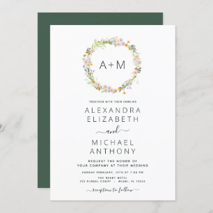 Monogram Wildflowers Emerald Green Wedding Invitation