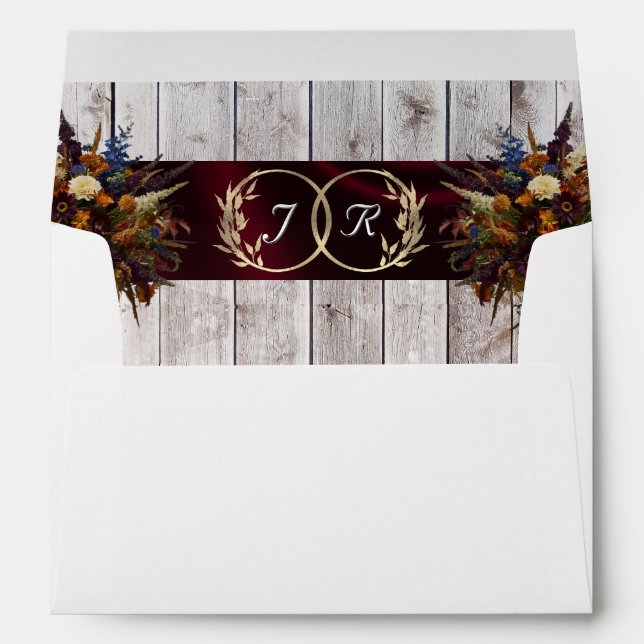 Monogram, Wildflowers & Ribbon - Burgundy Wedding Envelope (Back (Bottom))