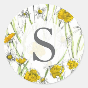 Monogram Wildflowers Yellow Watercolor Classic Round Sticker