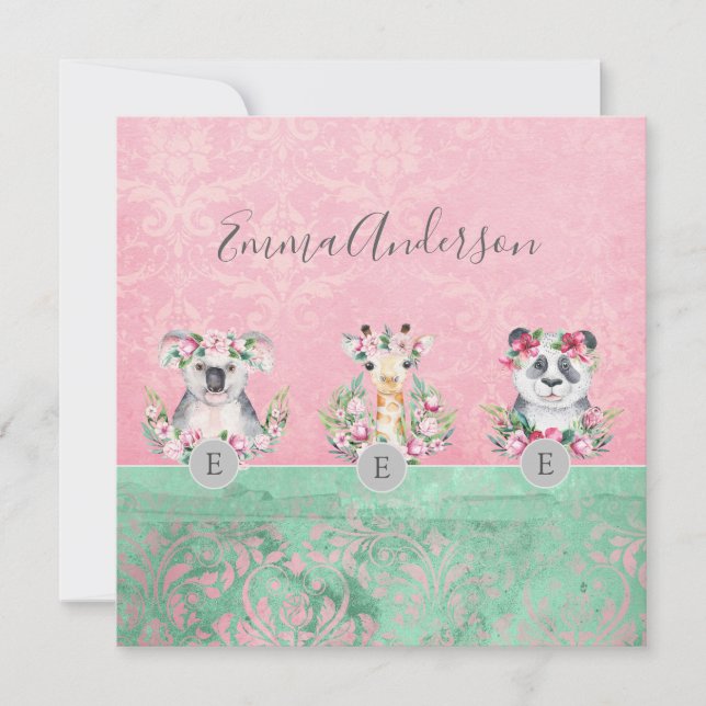 Monogram Wildlife Girls Boho Jungle Animals Pretty Invitation (Front)