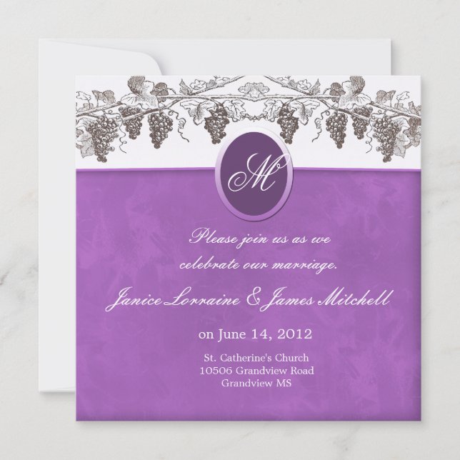 Monogram wine grapes wedding invitations (Front)