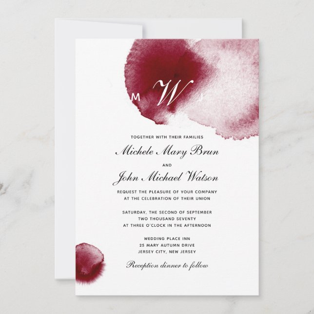 Monogram Wine Red Spill Burgundy Wedding Invite (Front)