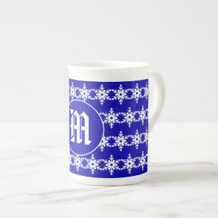 Monogram Winter Blue and White Snowflakes Pattern Bone China Mug