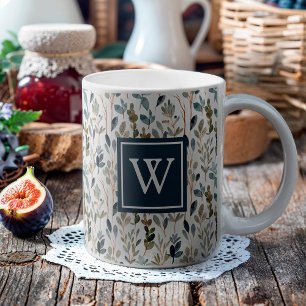 Monogram Winter Botanical Watercolor Greenery Coffee Mug