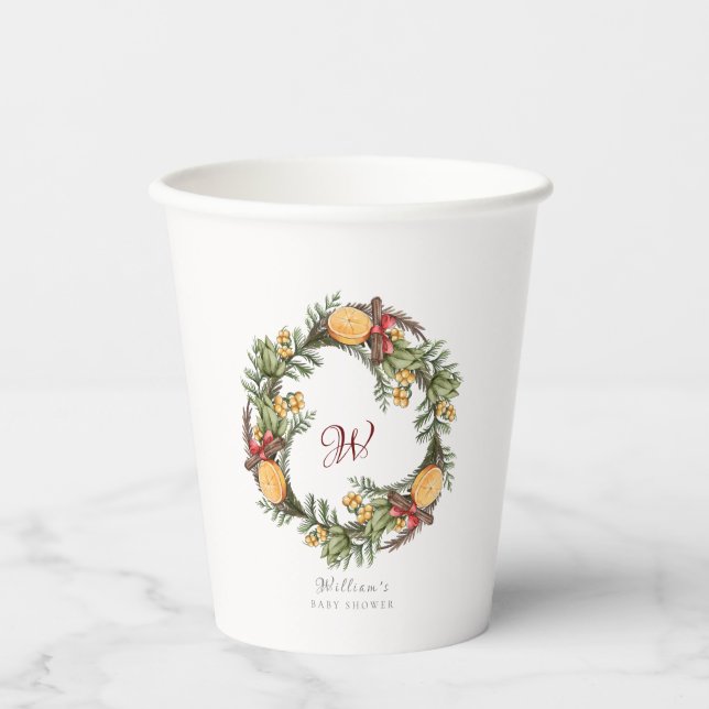 Monogram Winter Christmas Wreath Baby Shower Paper Cups (Front)