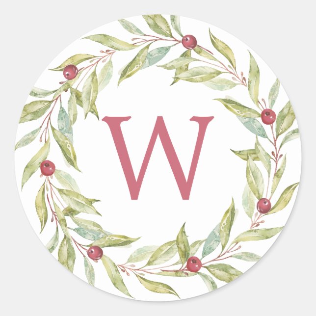 Monogram Winter Greenery Leaves Berries Christmas Classic Round Sticker (Front)