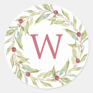 Monogram Winter Greenery Leaves Berries Christmas Classic Round Sticker