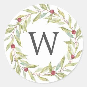 Monogram Winter Greenery Leaves Berries Christmas Classic Round Sticker