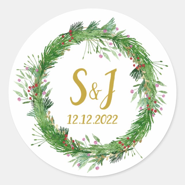 Monogram | Winter Greenery Wedding Envelope Seal (Front)