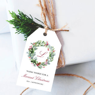 Monogram Winter Greenery Wreath Holiday Gift Tags