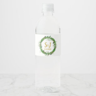 Monogram   Winter Greenery  Wreath Wedding Favour Water Bottle Label