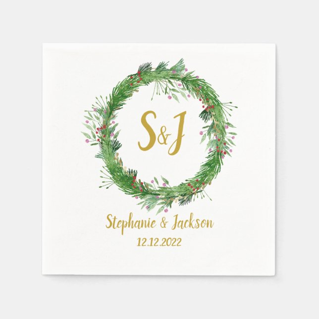 Monogram | Winter Greenery Wreath  Wedding Napkin (Front)