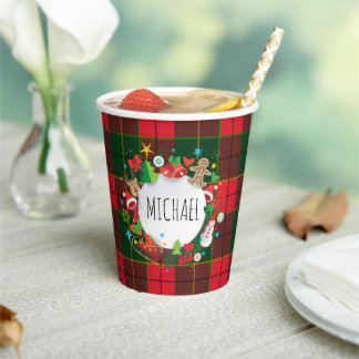 Monogram Winter Holiday Christmas Scottish Pattern Paper Cups