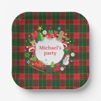 Monogram Winter Holiday Christmas Scottish Pattern Paper Plate