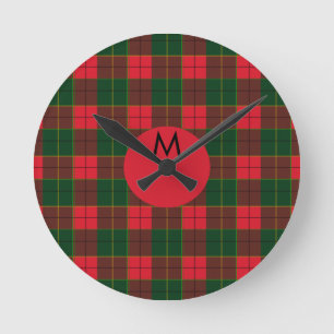 Monogram Winter Holiday Tartan pattern Scottish Round Clock