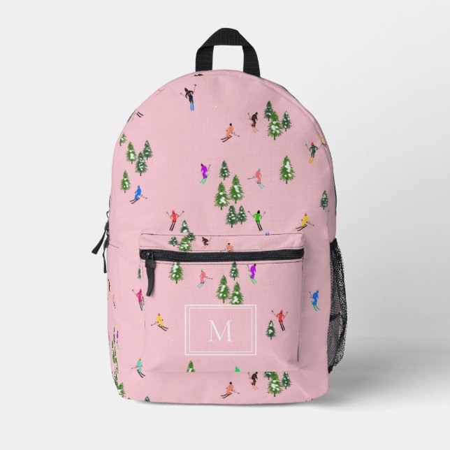 Monogram Winter Pink Skiers Ski Skiing  Printed Backpack (Front)
