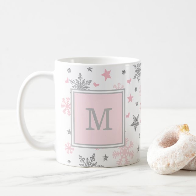 Monogram Winter Snowflakes / Pink Silver Holiday Coffee Mug (With Donut)