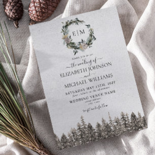 Monogram Winter Watercolor Floral Wreath Wedding Invitation