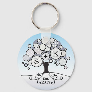 Monogram Winter Wedding Patchwork Pattern Tree Key Ring