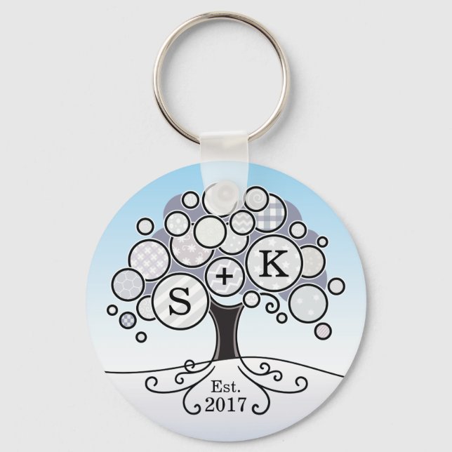 Monogram Winter Wedding Patchwork Pattern Tree Key Ring (Front)