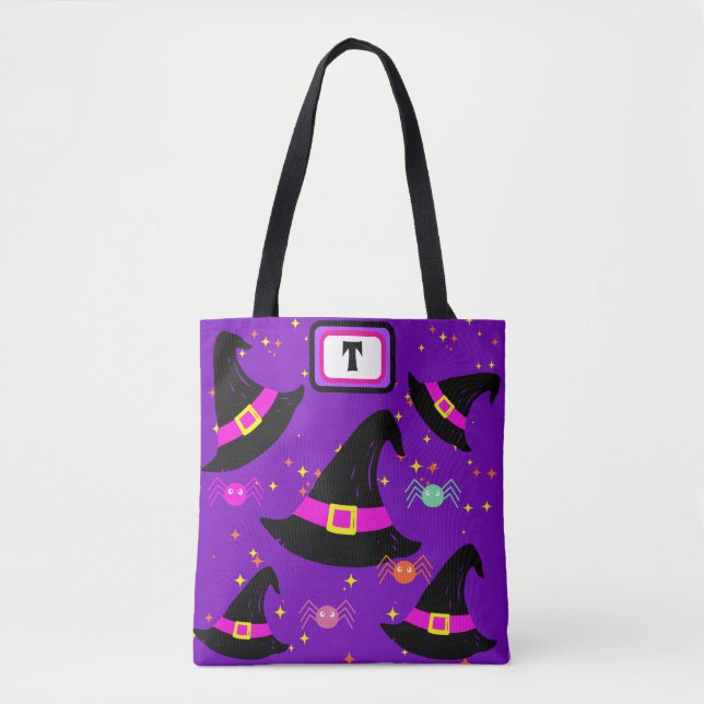 Monogram Witches Halloween Hats Purple Tote Bag (Front)