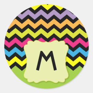 Monogram with Black Chevrons & bright colours Classic Round Sticker