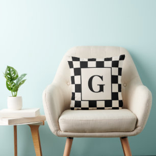 Monogram with Black Cream Checkered Border Cushion