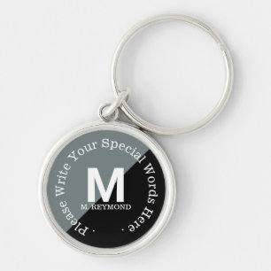monogram with custom text on black & grey key ring