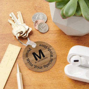 Monogram with custom text on faux (not real) wood key ring
