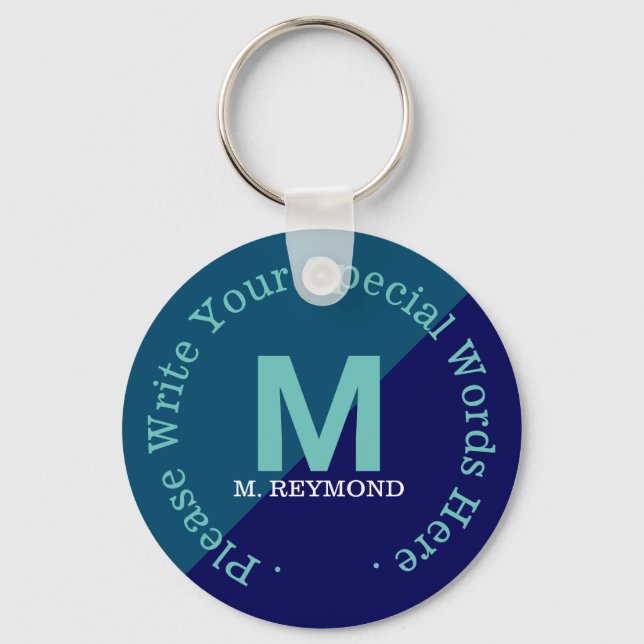 monogram with custom text on two tone blue key ring (Front)