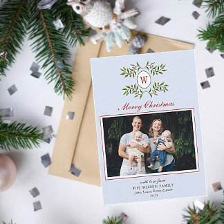 Monogram with Greenery Pale blue Photo Holiday Card