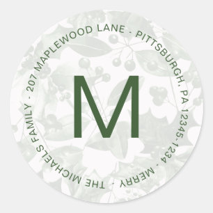Monogram with Holiday Botanical Pattern Address Classic Round Sticker