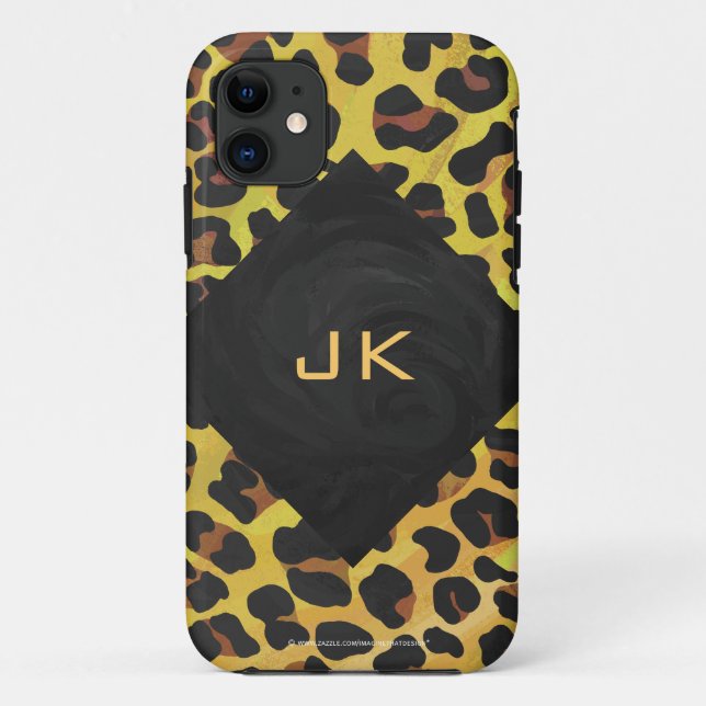 Monogram with Leopard Brown and Yellow Case-Mate iPhone Case (Back)