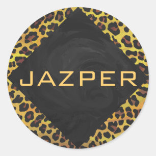 Monogram with Leopard Brown and Yellow Classic Round Sticker