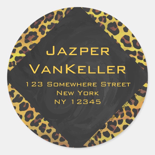 Monogram with Leopard Brown and Yellow Classic Round Sticker (Front)