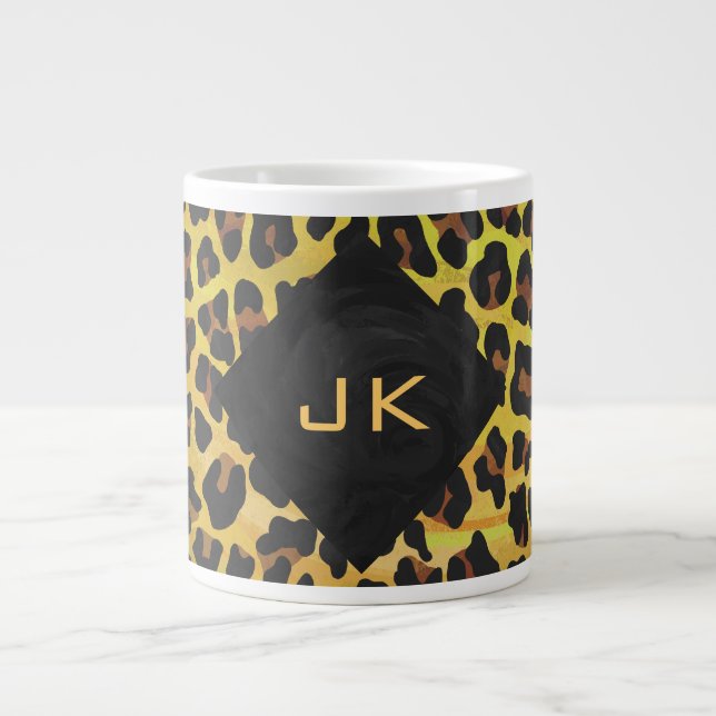 Monogram with Leopard Brown and Yellow Large Coffee Mug (Front)