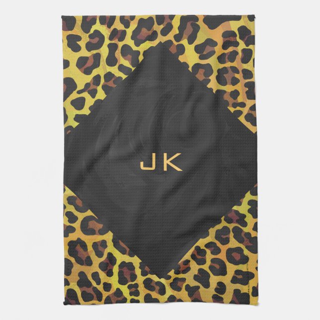 Monogram with Leopard Brown and Yellow Tea Towel (Vertical)