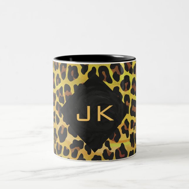Monogram with Leopard Brown and Yellow Two-Tone Coffee Mug (Center)