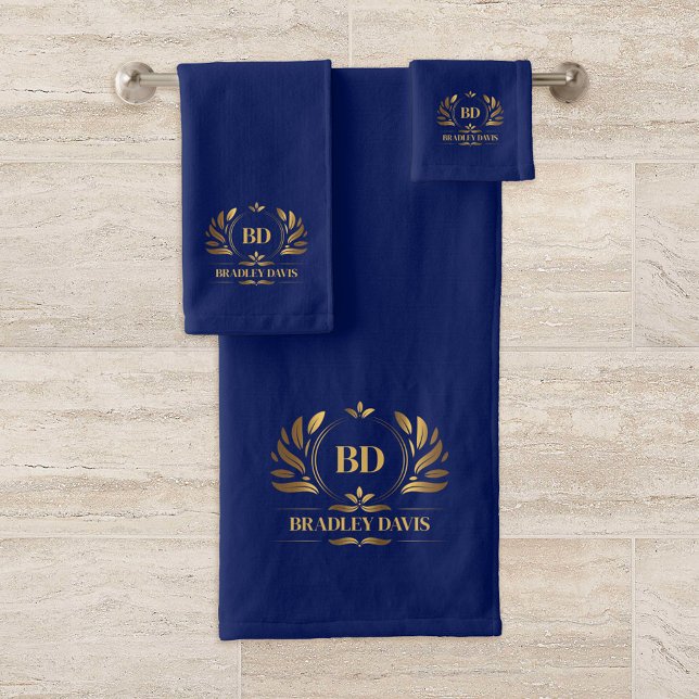 Monogram With Name Blue Gold Elegant Bath Towel Set (Creator Uploaded)