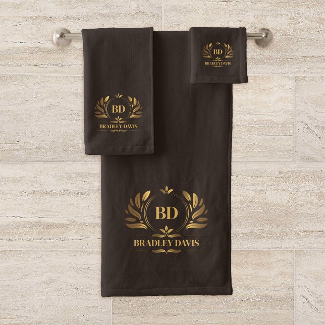 Monogram With Name Brown Gold Elegant Bath Towel Set (Creator Uploaded)
